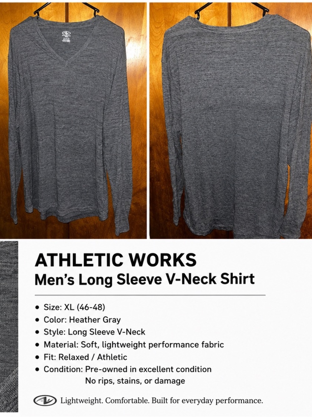 Athletic Works Men’s Heather Gray Long Sleeve V-Neck Shirt
